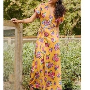 MATILDA JANE YELLOW & RED FLORAL V -NECK WRAP AROUND CASUAL MAXI DRESS SIZE XS